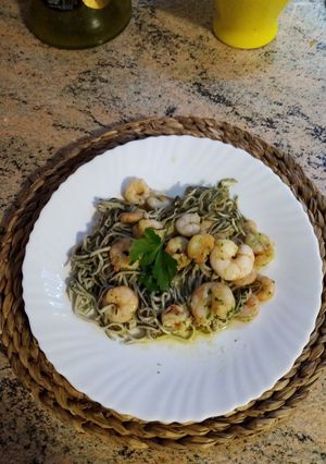 A picture of Garlic Shrimp with Baby Eel Imitation.