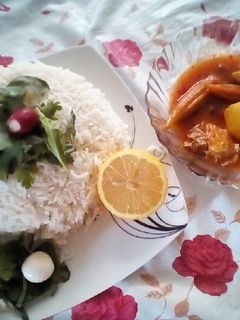 عکسی از دستور چلو خورشت سیب زمینی و بامیه مامان پز