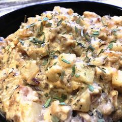 A picture of Creamy Dijon-Tarragon Chicken & Potato Sauté with Black Eyed Pea Flour.