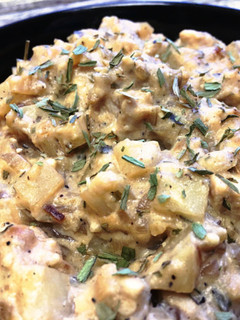 A picture of Creamy Dijon-Tarragon Chicken & Potato Sauté with Black Eyed Pea Flour.
