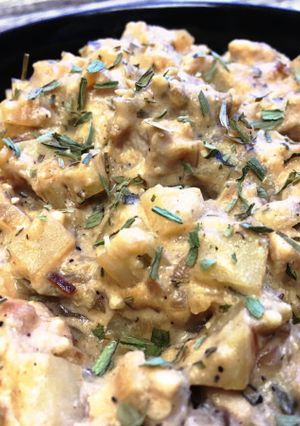 A picture of Creamy Dijon-Tarragon Chicken & Potato Sauté with Black Eyed Pea Flour.