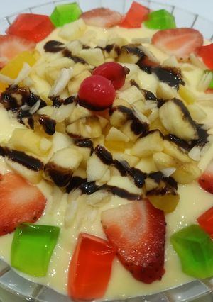 A picture of 3 layered~Custard Fruit trifle.