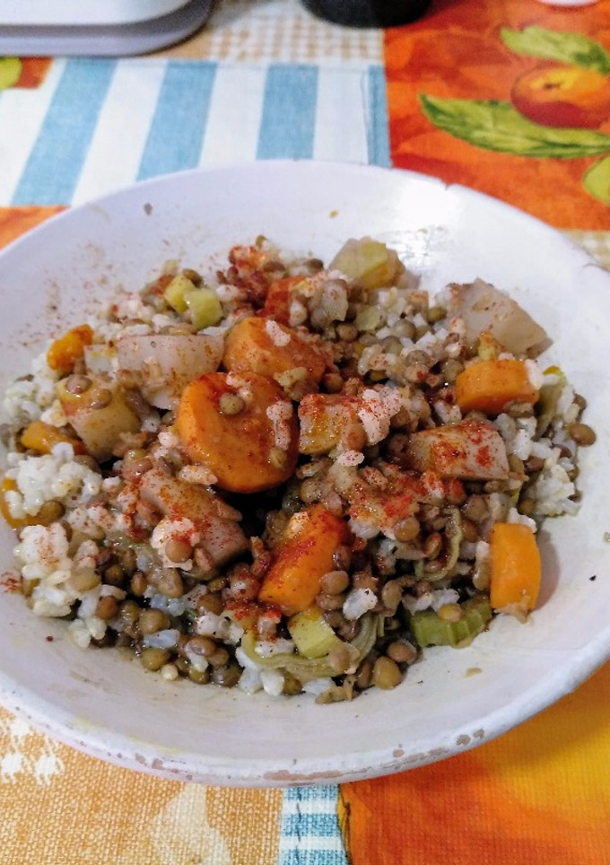 Una foto de Lentejas a la jardinera con arroz integral