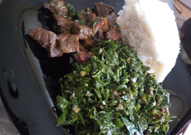 Ugali, steamed kales and liver