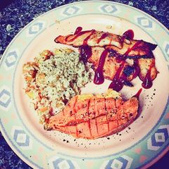 A picture of Flaky BBQ Grilled Fish Fillet with Roasted sweet potato.