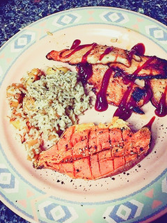A picture of Flaky BBQ Grilled Fish Fillet with Roasted sweet potato.