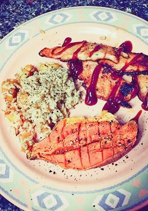A picture of Flaky BBQ Grilled Fish Fillet with Roasted sweet potato.