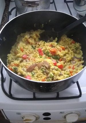 Una foto de Arroz con hongos portobellos