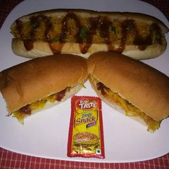 A picture of Vermicelli stuffed hotdog.