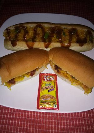 A picture of Vermicelli stuffed hotdog.