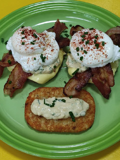 A picture of Breakfast Burger with Poached Egg.