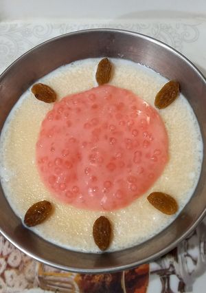 A picture of Sooji ki kheer with sago, sugar free.