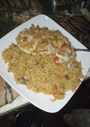 A picture of Noodles+sardine with eggs.