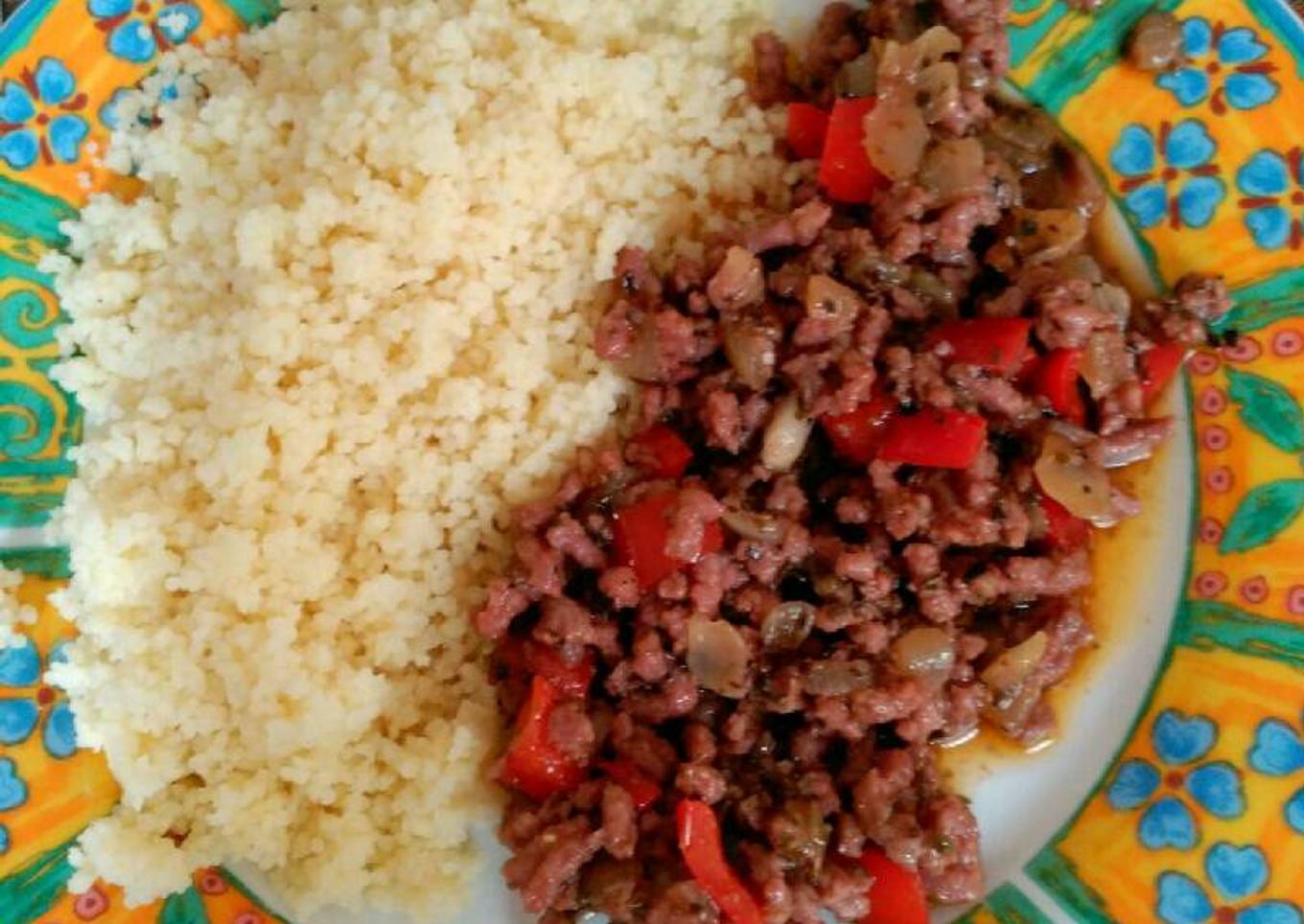 Cuscus con carne picada y verduras con miel y vinagre balsámico de módena