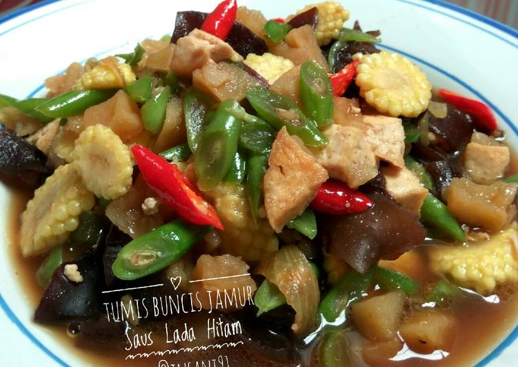 Resep Tumis Buncis Jamur Saus Lada Hitam 🐮🐄 Cepat, simpel, No Daging, Enak Banget