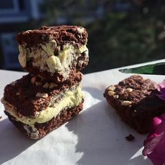 Cashew-Pistachios Brownie ice cream Sandwich A picture of Cashew-Pistachios Brownie ice cream Sandwich.