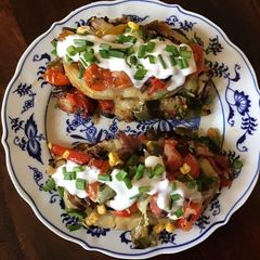 California Farm Beef Stuffed Potato Skins on Latkes A picture of California Farm Beef Stuffed Potato Skins on Latkes.