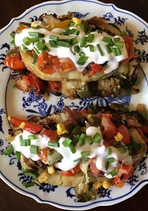 A picture of California Farm Beef Stuffed Potato Skins on Latkes.
