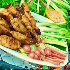 Malaysian chicken satay with peanut Sauce A picture of Malaysian chicken satay with peanut Sauce.