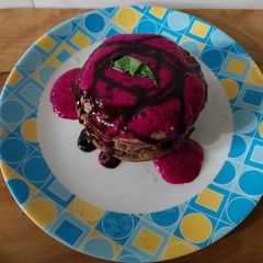 Ragi pancakes with Dragon fruit syrup A picture of Ragi pancakes with Dragon fruit syrup.