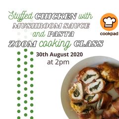 Stuffed chicken with mushroom sauce and pasta A picture of Stuffed chicken with mushroom sauce and pasta.
