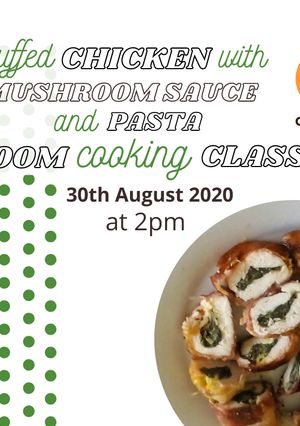 A picture of Stuffed chicken with mushroom sauce and pasta.