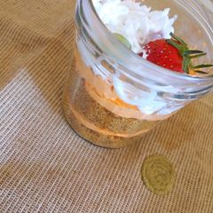 A picture of Reusing leftover cake..Cake in a jar.