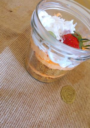 A picture of Reusing leftover cake..Cake in a jar.