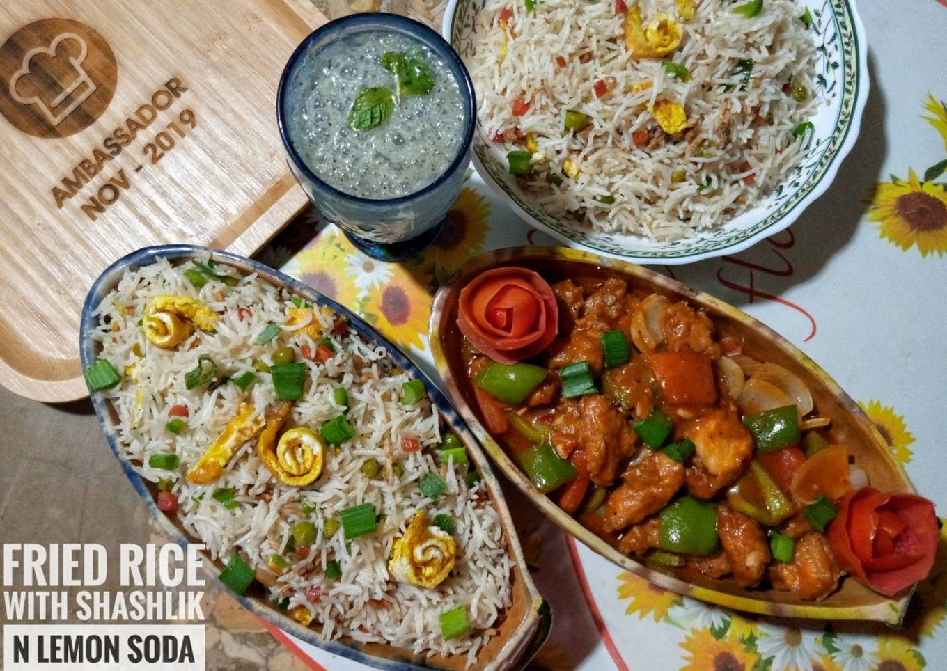 Fried rice with shashlik and lemon soda