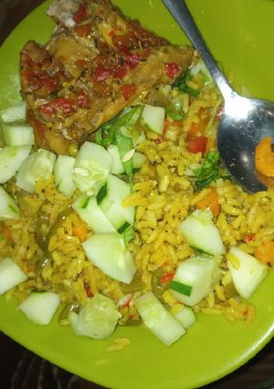 A picture of Jallof rice with veggies.