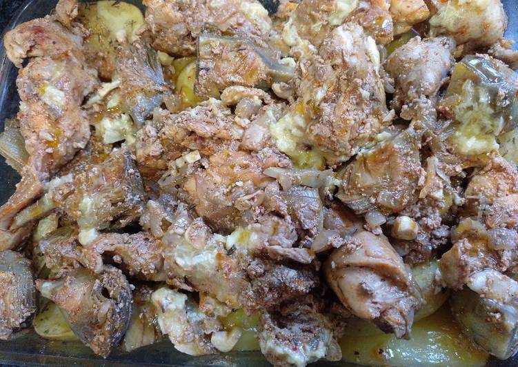 Conejo con alchofas y patatas al horno 🥣