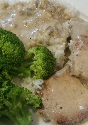 A picture of Pork Chops, Broccolli, Rice, and Mushroom Gravy.