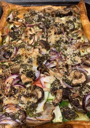 A picture of Seasonal Vegetable and pesto puff pastry tart.