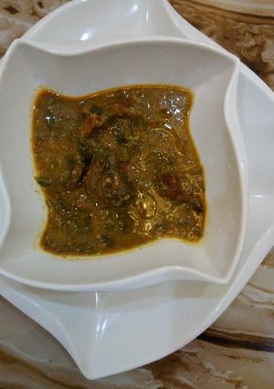 A picture of Okro Ayoyo beans & groundnut soup.