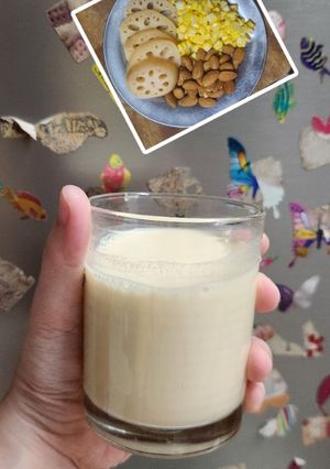 Hình của món Sữa củ sen + bắp mỹ + hạnh nhân🌽🌽🫘🫛🫛.