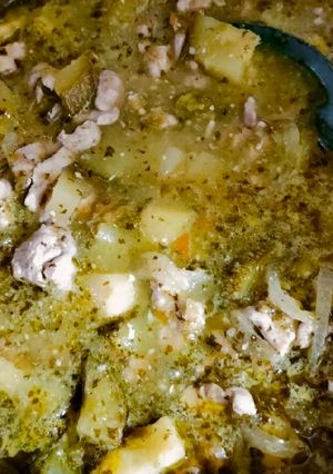 A picture of Steak in Green Sauce with Zucchini and Potatoes.