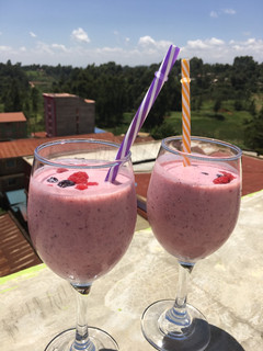 A picture of Raspberries, blueberries and pineapple smoothie.