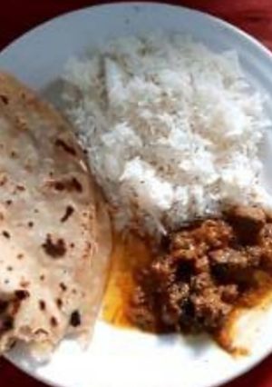 A picture of Kaleji gurda masala with paratha and plain rice.