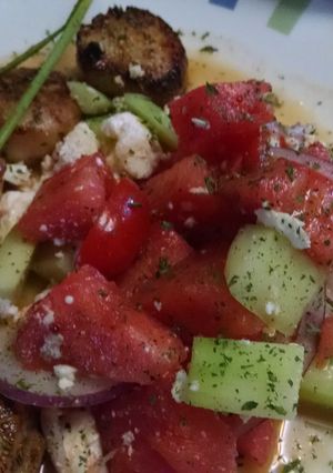 A picture of Watermelon Salad with Seared Scallops.