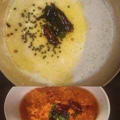 A picture of Red and white coconut chutneys.