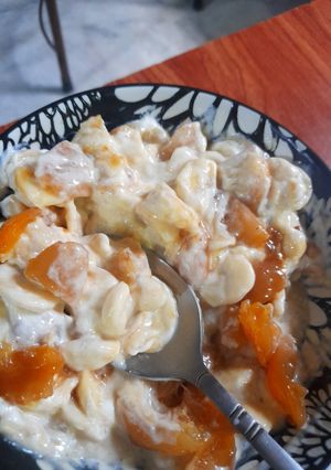 A picture of Banana plum delight with caramel sauce.