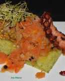 Lomo de bonito sobre bizcocho de mojo y chutney de tomate con fritada de pulpo