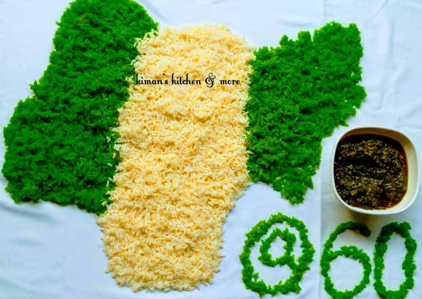 Boiled rice (green & white) with vegetable soup