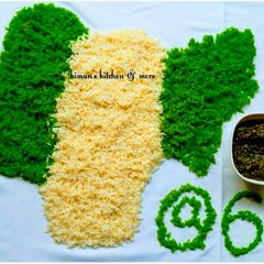 Boiled rice (green & white) with vegetable soup A picture of Boiled rice (green & white) with vegetable soup.