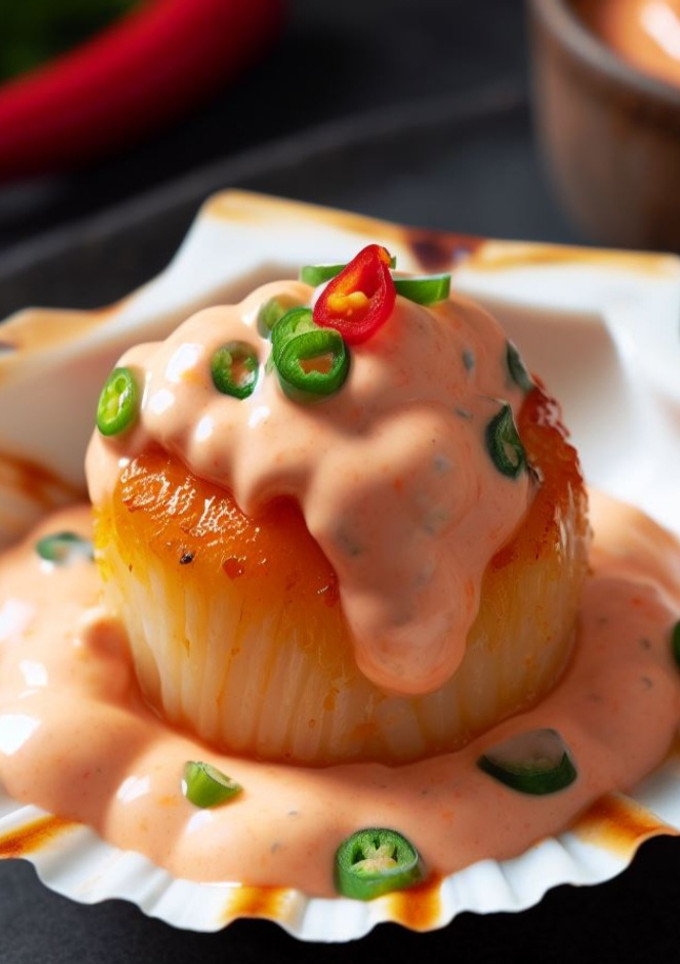 Una foto de Vieira rellena con mayonesa de coral y sriracha