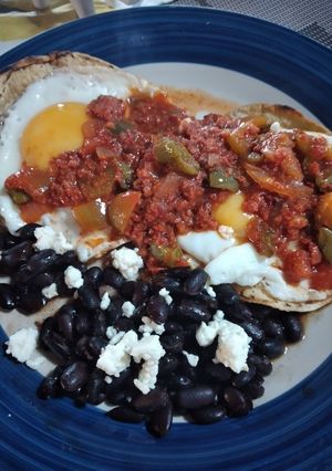 A picture of Huevos Rancheros with Chorizo.