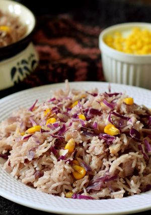 A picture of Red cabbage and Sweet corn Pulav: One pot meal.