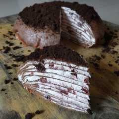 A picture of Oreo red velvet mille crepes - crepe cake.