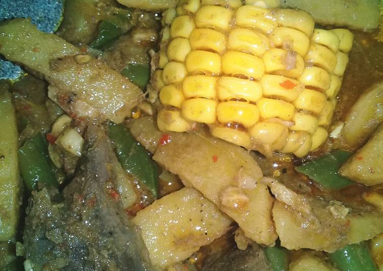 Resep Oseng kentang buncis jagung daging kambing bumbu rendang, Lezat Sekali