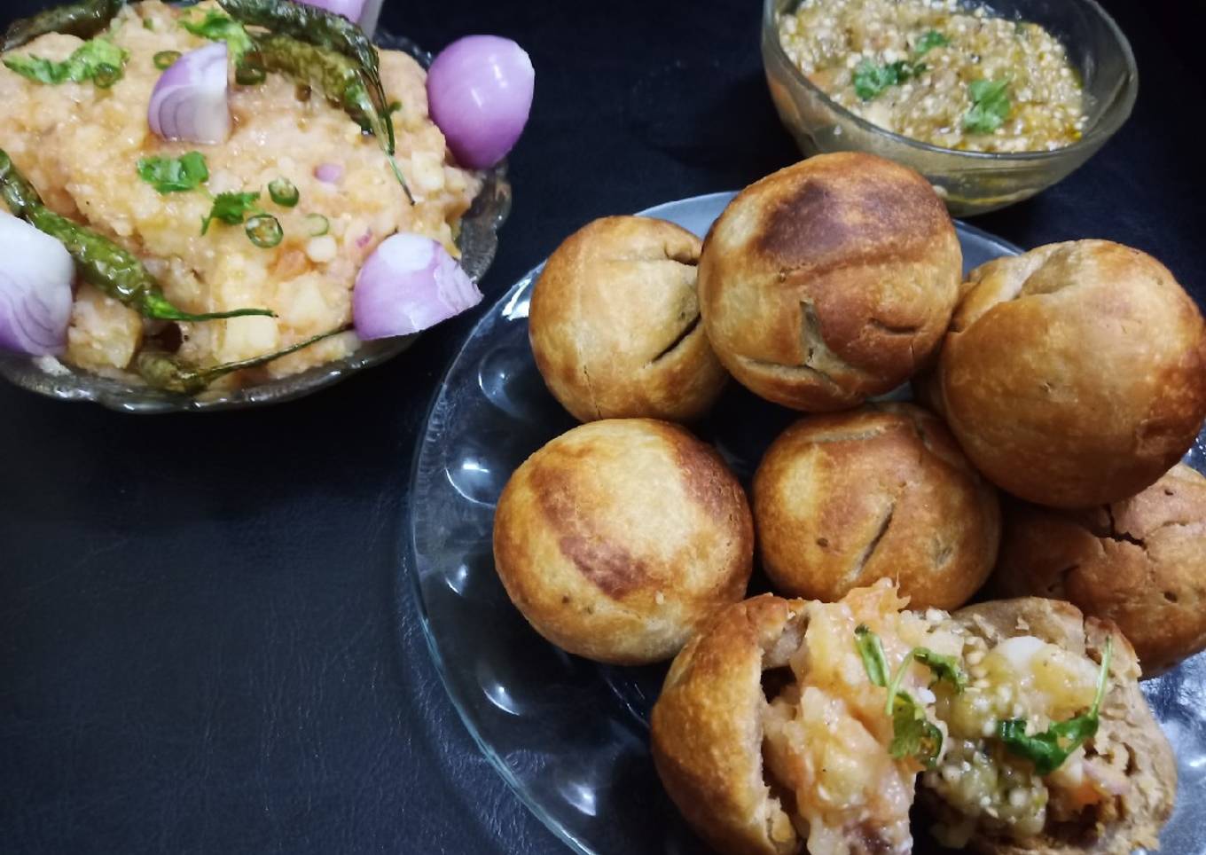 Littichokha with baigan chutney and fried chilli onions